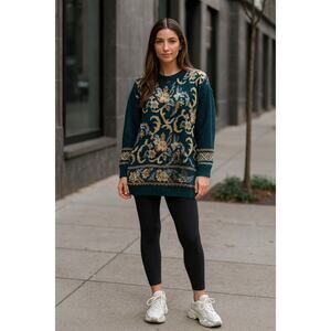 Vintage 90's paisley chunky knit tunic sweater Teal Floral Tapestry Oversized XL